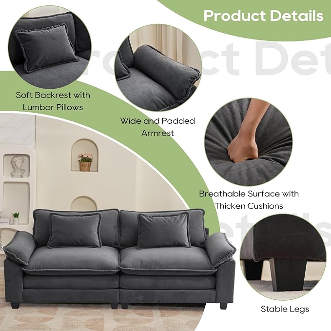 86" Modular Sectional Sofa, Comfy Cloud Couch Sectional Sofa with Ottoman, Velvet Sofa Sleeper Deep Seat Sofa with Throw Pillows for Living Room (Blue Gray, 86"- Loveseat)