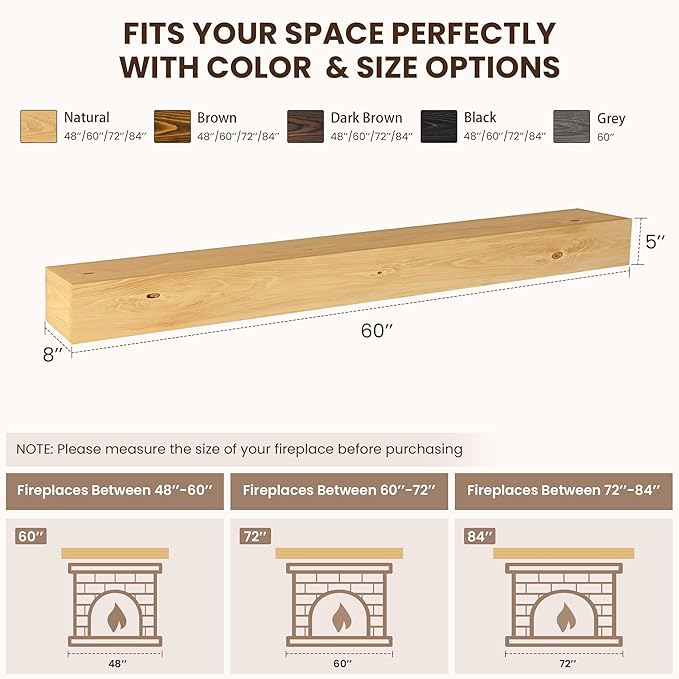 Fireplace Mantel 60inch, Solid Wood Mantel Shelf Handcrafted Rustic, Handcrafted Wood Fireplace Mantels Floating Mantle Shelves Decor for Wall, Bedroom, TV, Books, Livingroom 60 X 8 X 5 - Natural