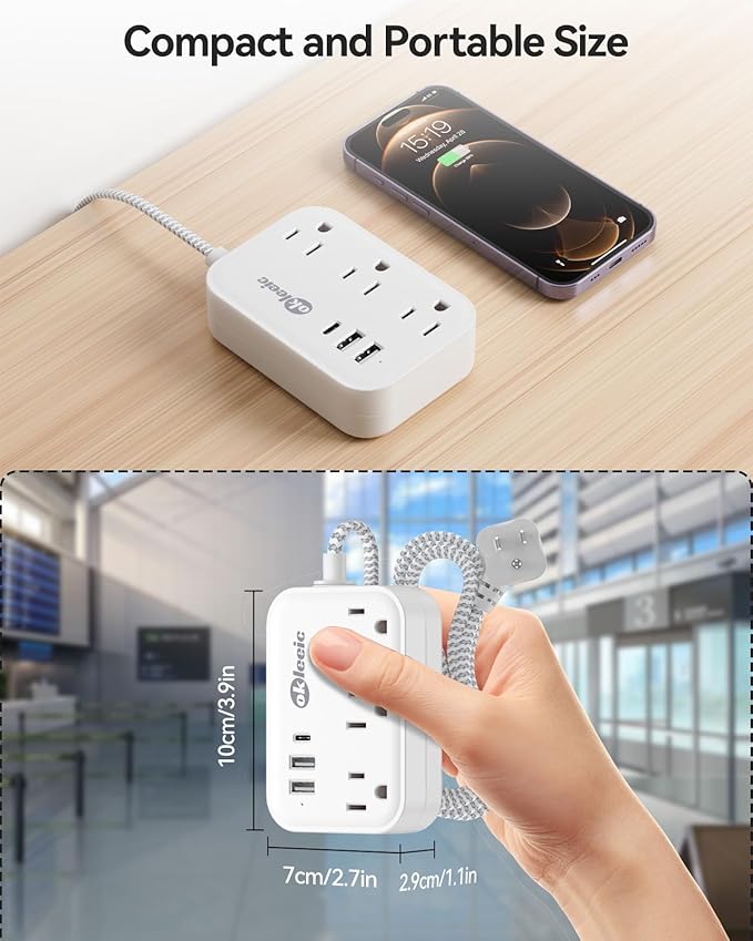 Flat Plug Power Strip with USB Ports, Flat Extension Cord 3FT with 3 AC Outlets 3 USB Ports, Short Extension Cord Outlet Splitter with No Surge Protector for Cruise Ship, Dorm Room Travel Essentials