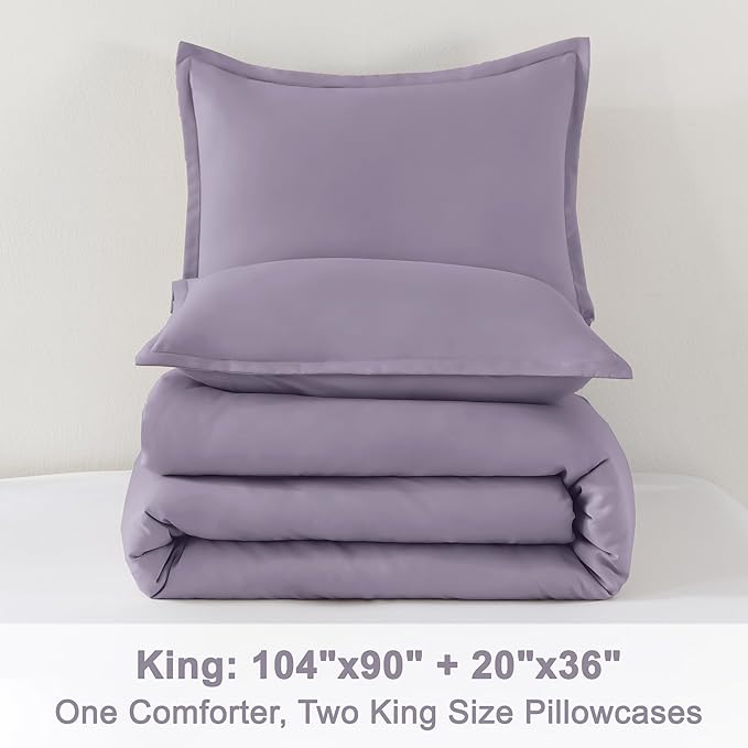 Litanika Comforter Set, Lightweight Solid Bedding Comforter Set, Fluffy Down Alternative Bed Set, Grayish Purple, King
