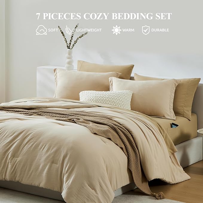 WRENSONGE Twin Comforter Set- 5 Pieces Beige, All Season Twin XL Bedding Sets with 1 Fitted Sheet, 1 Flat Sheet, 1 Pillow Sham and 1 Pillowcase