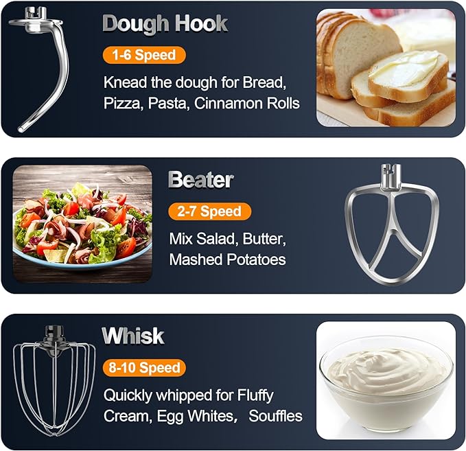 Stand Mixer, 6.5QT 10-Speed Tilt-Head Electric Stand Mixer, 3-In-1 Kitchen Mixer with Bowl, Dough Hook, Whisk and Beater, Food Mixer for Baking, Cake and Most Home Cooks, Black