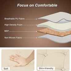 Bedroom Bench, End of Bed Bench with Storage, 55-Inch Bed Benches for Foot of Bed, Faux Leather Window Bench, Upholstered Storage Bench with Tufted Button and Nailhead Trim, Rolled Arms, Cream White