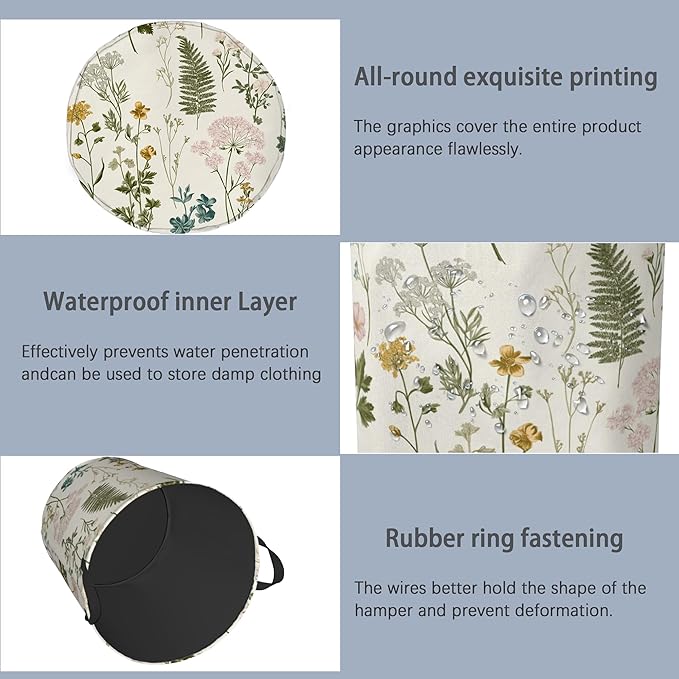 Wildflowers Herb Laundry Basket,Plants Botanical Oxford Cloth Laundry Hamper with Handle Foldable Portable Clothes Storage Basket for Bathroom Bedroom Dorm Room 16" x 20.8"