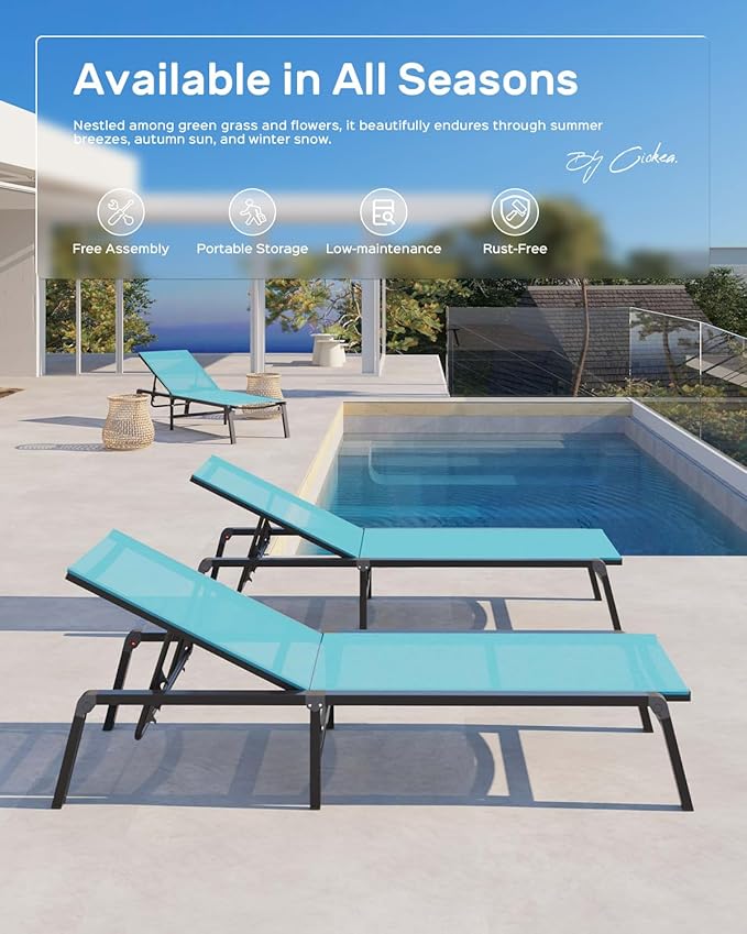 Aluminum Chaise Lounge Ourdoor - Foldable & Assemble Free Outdoor Lounge Chair with 5 Adjustable Backrest, Patio Lounge Chair for Outside Poolside Beach Pool, Lake Blue