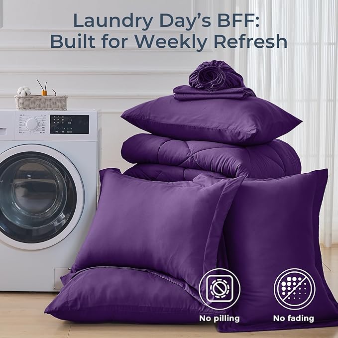 HEVUMYI Purple Cali-King Comforter Set - 7-Piece All Season Bed in a Bag Cali-King, Ultra Soft Bedding Set with Comforter, Flat Sheet, Fitted Sheet, Pillowcases, Pillow Shams