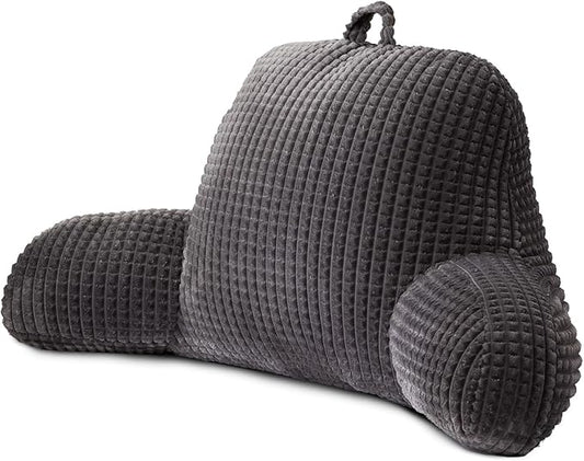A Nice Night Reading Pillow Bed Wedge Large Adult Children Backrest with Arms Back Support for Sitting Up in Bed/Couch for Lounging Bedrest,Waffle Stereoscopic Design,Darkgrey