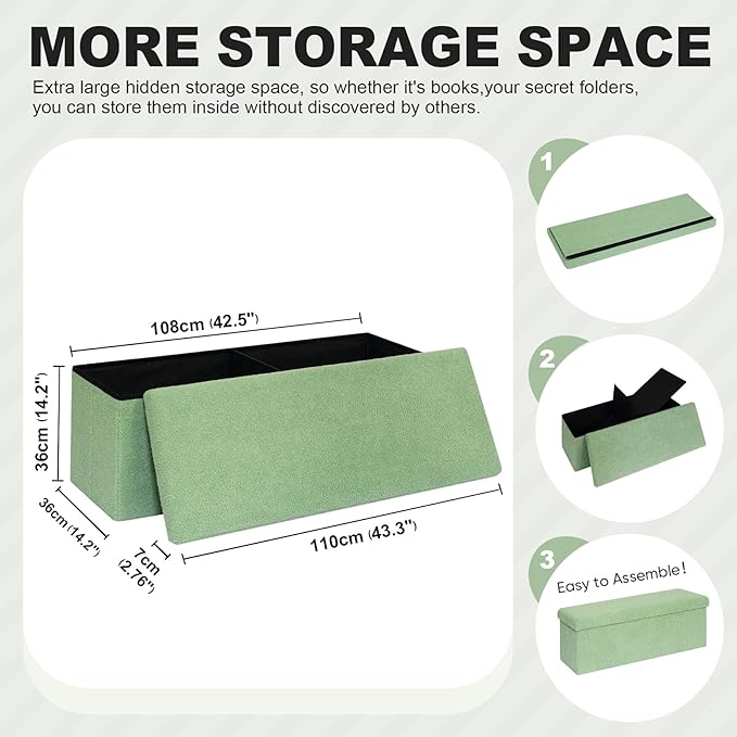 PINPLUS Storage Ottoman Bench Sherpa Ottoman Foot Rest, Foldable Boucle Ottomans Large Storage Box Entryway Bench for Dorm, Green 43.3'' x 15'' x 15''