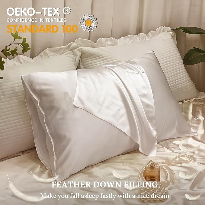BHZ White Satin Goose Down Feather Pillows King Size Set of 2 with Pillowcase for Hair and Skin, Cooling Pillow Cases Similar to Silk Pillow Cases, Decorative for Women, Mom Men