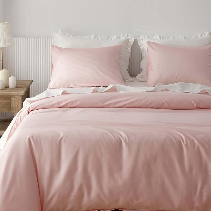 HeimenAogo Egyptian Cotton Duvet Cover Queen Size Sateen Weave, Silky Soft and Breathable Bedding Set with Zipper Closure, Extra-Long Staple Cotton Bed Linen Cherry Blossoms Pink 3Pcs