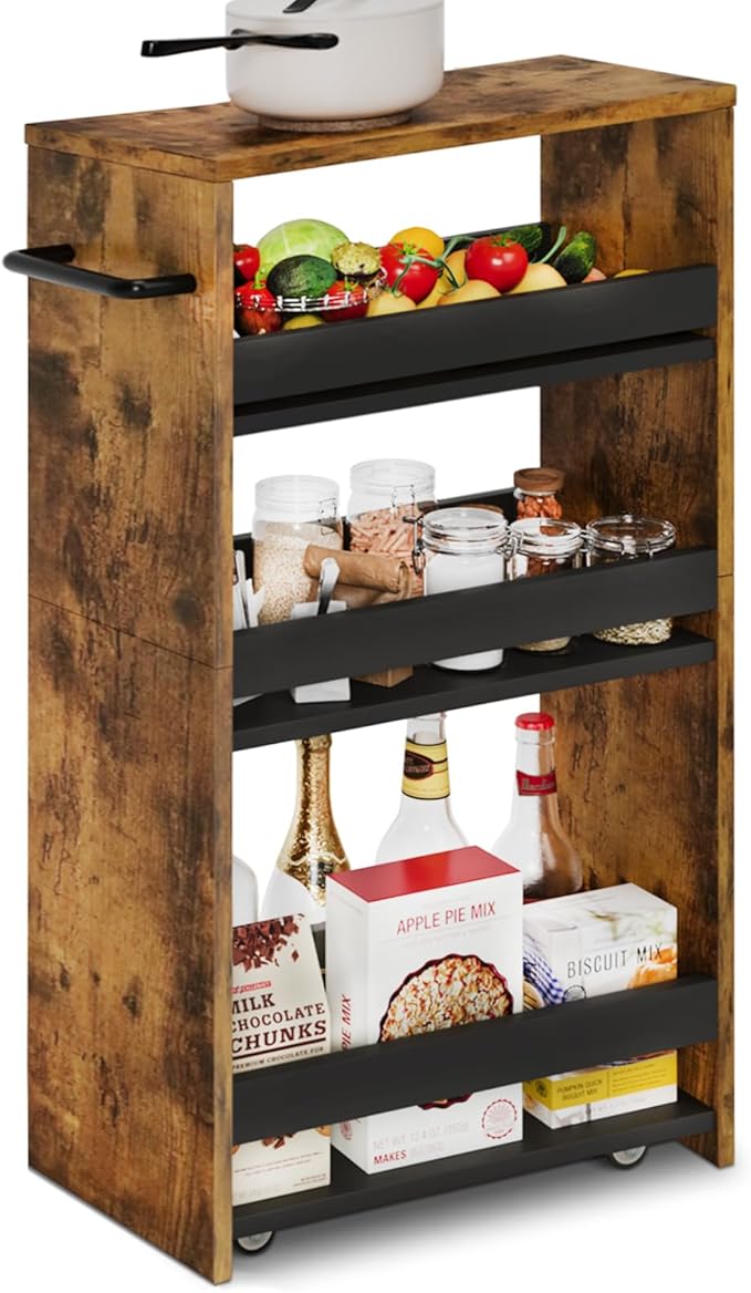 TEAMIX 4 Tier Slim Storage Cart with Handle, Slide Out Storage Rolling Utility Cart Mobile Shelving Unit Organizer Trolley for Small Spaces Kitchen Laundry Narrow Places (Brown+Black, 7-7/8'' W)