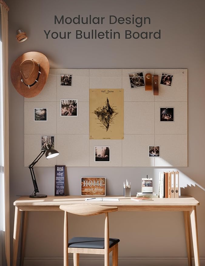 Felt Bulletin Board Tiles Large 48" x 36" Cork Board Alternative-12 Pack with 70 Adhesive Tabs, Thick Slat Wall Panels for Office Decor, Push Pin Board Wall Organizer Alternative - Oatmeal