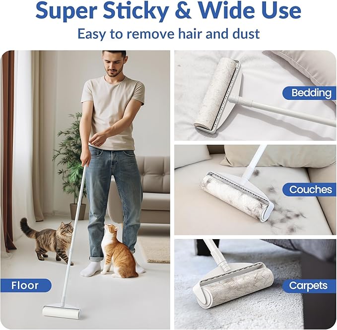 Large Lint Rollers for Carpet, Sticky Rollers for Floor DELOMO 9.45 in with 3 Extendable Handle, Long Handle Sticky Mop for Cleaning Carpets, Cars, Bedding, Couches, and Pet Hair