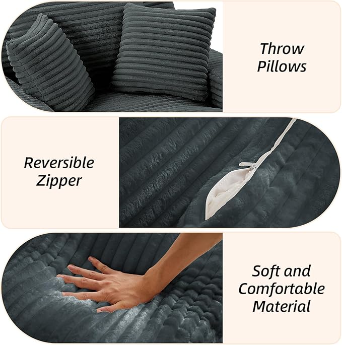 Oversized Chaise Lounge Chair Indoor Corduroy Sofa Bed with Throw Pillows Recliner Chair Comfy Large Deep Seat Sofa Couch for Living Room, Bedroom, Apartment (Dark Grey)