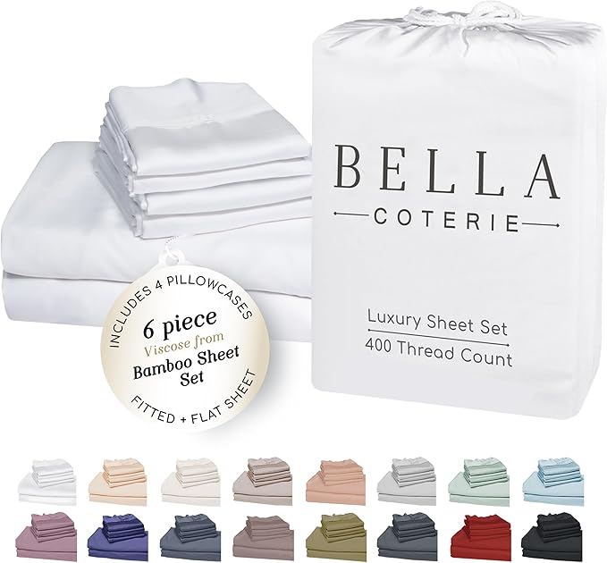 Bella Coterie 6 Piece Luxury Bamboo Viscose King Size Sheet Set | 100% Organically Grown | Cooling for Hot Sleepers | 18" Deep Pocket | Soft & Hypoallergenic | 4 Pillowcases [White]