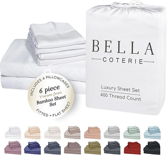 Bella Coterie 6 Piece Luxury Bamboo Viscose King Size Sheet Set | 100% Organically Grown | Cooling for Hot Sleepers | 18" Deep Pocket | Soft & Hypoallergenic | 4 Pillowcases [White]