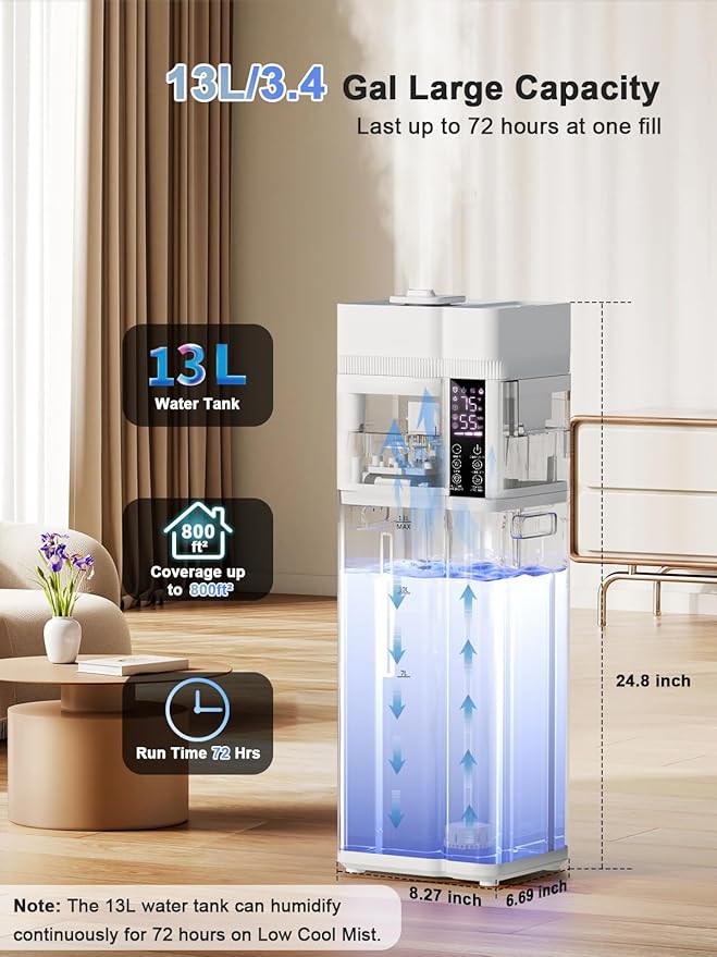 13L/3.4Gal Humidifiers for Bedroom, Ultrasonic Warm & Cool Mist Humidifier Large Room, Covers 800ft², 72H Runtime, 24H Timer, 3 Mist Modes Top Fill Quiet Humidifiers for Home, Office, White