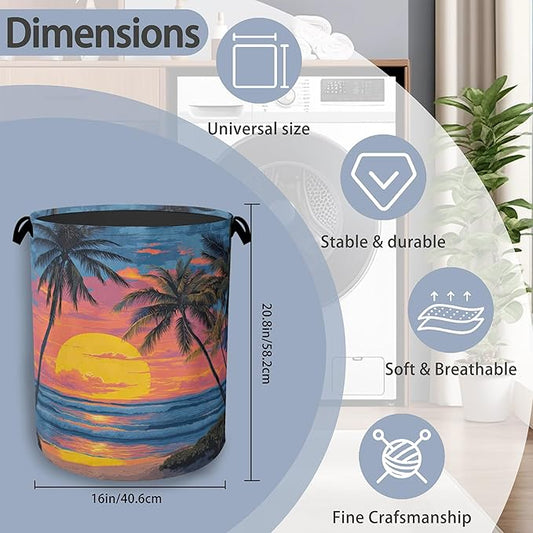 Tropical Palm Tree Laundry Basket,Sunset Beach Oxford Cloth Laundry Hamper with Handle Foldable Portable Clothes Storage Basket for Bathroom Bedroom Dorm Room 16" x 20.8"