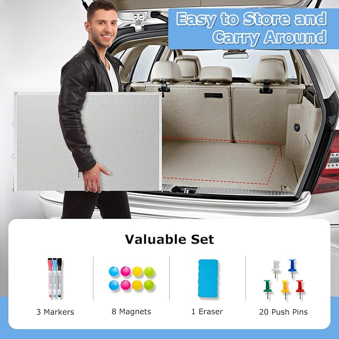 DOLLAR BOSS Foldable Linen Cork Board White Board Combo 60 x 40 in Extra Large Magnetic Whiteboard Dry Erase Bulletin Board Portable Double Sided Aluminum Frame Pin Board for School Office, Grey