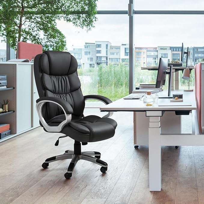 GUNJI Office Chair PU Leather High Back Executive Chair Ergonomic Computer Chair, Modern Adjustable Home Desk Chair Swivel Managerial Chair with Padded Armrests and Lumbar Support (Black)
