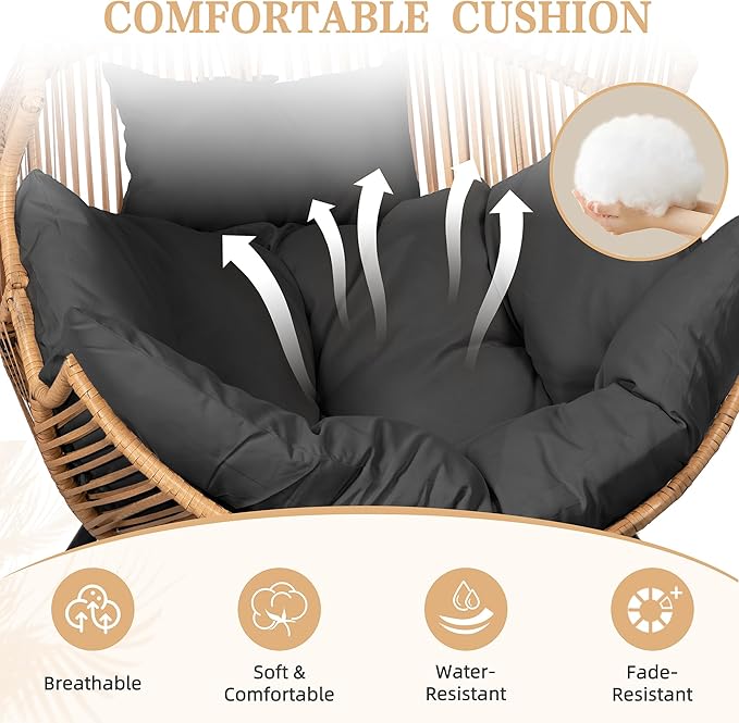 Vongrasig Comfy Wicker Egg Chair, Soft Thick Cushion Rattan Lounge Chair, High Capacity Steel Frame, Reading Chair for Living Room, Bedroom, Dorm Rooms (Black)