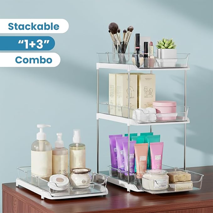 Bathroom Organizers And Storage – With Multipurpose Holder, 2 Sets of 2 Tiers Stackable Under Sink Bathroom Drawer Organizer Multi-Purpose Pantry Organizer And Kitchen Organization With Dividers