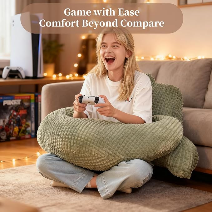 Reading Pillow for Bed,U Shaped & Back Support Pillow for Bed,17" Backrest with Lumbar & Arm Support,Comfy Flannel Fabric,Lap Pillow for Gaming/Reading/Watching TV,Green