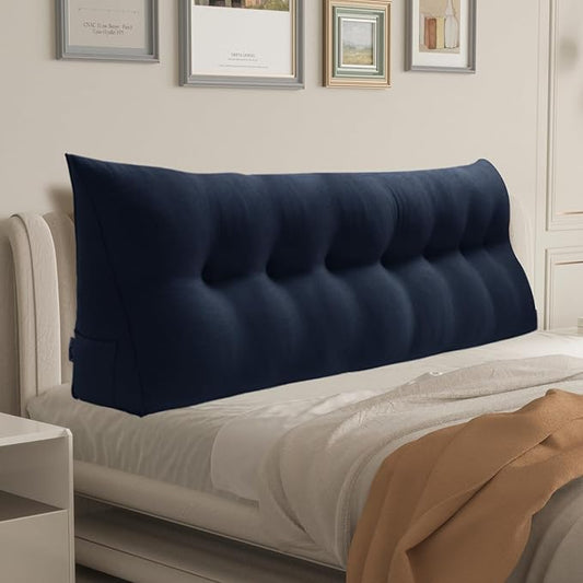 WOWMAX 85% Linen 15% Cotton Blend Headboard Pillow – King Size Reading Wedge Backrest for Bed, Handmade Firm Support Bolster Cushion with Removable Cover, Premium Bed Rest Pillow, Blue