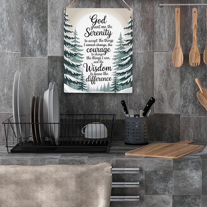 God Grant Me The Serenity, Bible Verses Winter Decor sign, Christian Prayer Room Wall Art Wooden Hanging Plaque 10 x 8 Inch, for Office Bedroom Living Room Home Decor