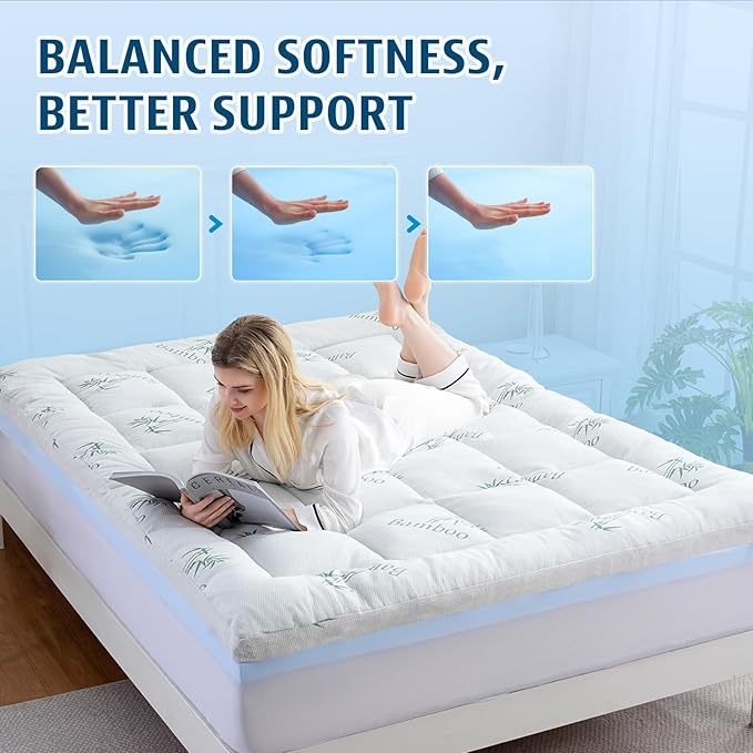 DOWNCOOL Dual Layer 4 Inch Memory Foam Mattress Topper Full - 2 Inch Gel Memory Foam & 2 Inch Cooling Pillow Top Mattress Pad for Back Pain Relief, Soft Bamboo Viscose Air Layer Cover