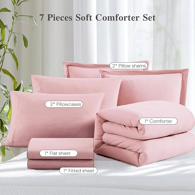 WRENSONGE Full Size Comforter Set- 7 Pieces Soft Pink Bed in a Bag Full Size Comforter with Fitted Sheet, Flat Sheet, 2 Pillow Shams, 2 Pillowcases, Warm Bedding Sets for All Season