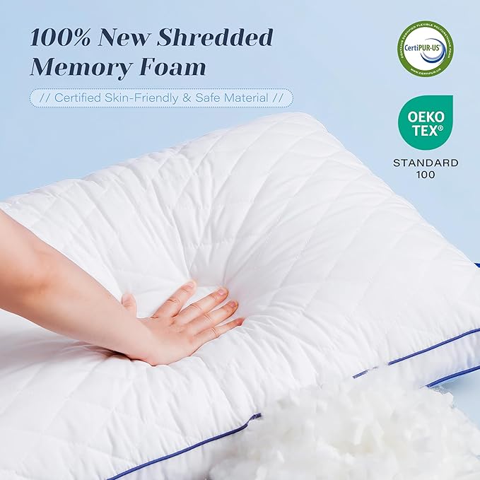 Shredded Memory Foam Pillows Standard Size Set of 2, Soft Bed Pillow for Side and Back Sleepers, Medium Firm Pillows 2 Pack with Gusset(20"x26")