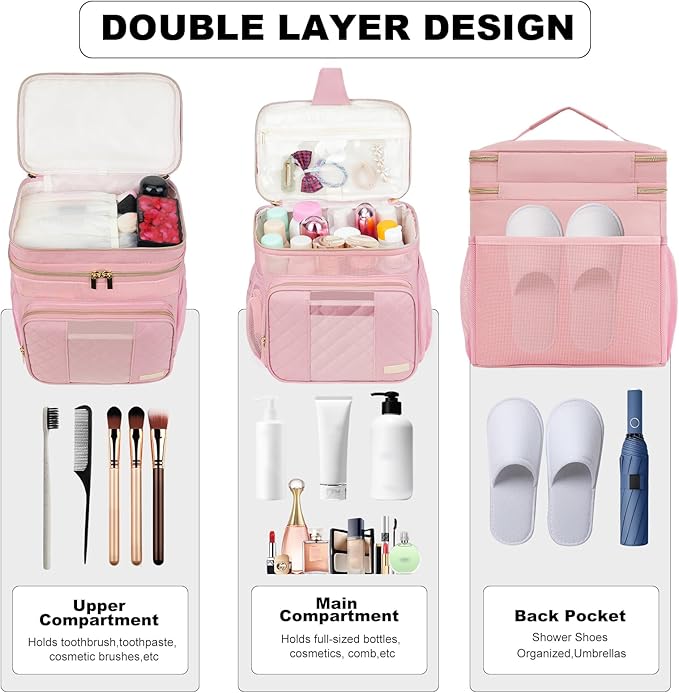 Portable Shower Caddy College, Quickly Dry Tolietry Mesh Tote Bag for Dorm Room Essentials, Hanging Bathroom Organizer Bag for Travel, Gym, Camping (Pink)
