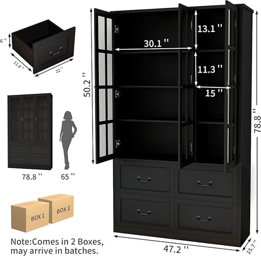 78.8" Tall Bookcase Display Storage Cabinet Hutch with Glass Doors & Drawers - Curio Display Bookshelf Kitchen Pantry for Home, Kitchen, Living Room.