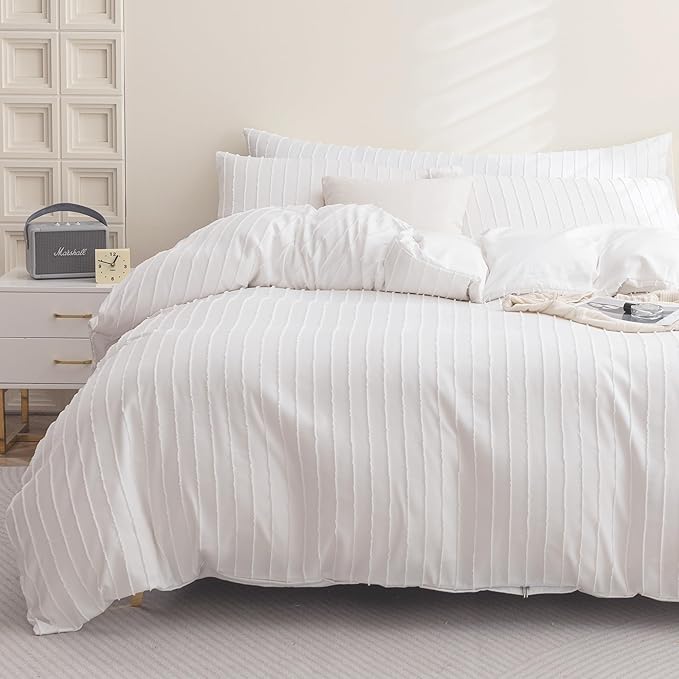 JELLYMONI Bright White Duvet Cover Full Size - 3PCS Microfiber Tufted Duvet Cover Set, Boho Striped Tufted Textured Duvet Cover with Corner Ties & Zipper Closure