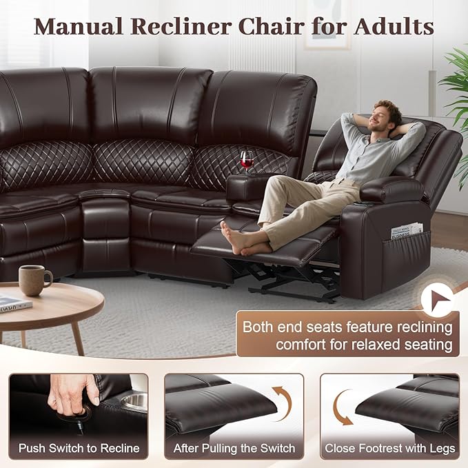 Home Theater Seating Reclining Sectional Sofa, 5 Seats Soft Leather Recliner Corner Sectional Couch, Recliner Couch with USB Charging, Thickened Padding, Sturdy Frame, Brown