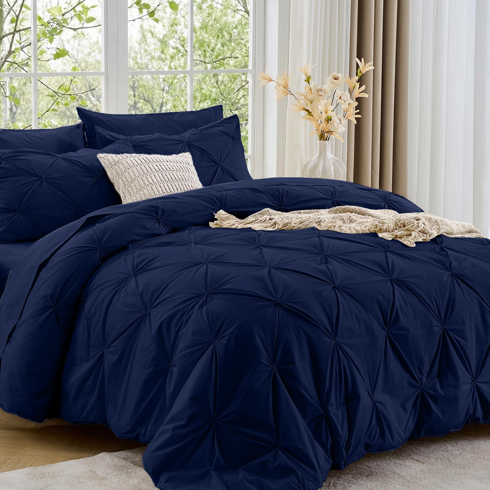 Sasttie Twin XL Comforter Set, 5-Piece Bed in a Bag, Pintuck Bedding Sets for All Season, Includes Comforter, Flat Sheet, Fitted Sheet, Pillowcase and Pillowsham, Beige
