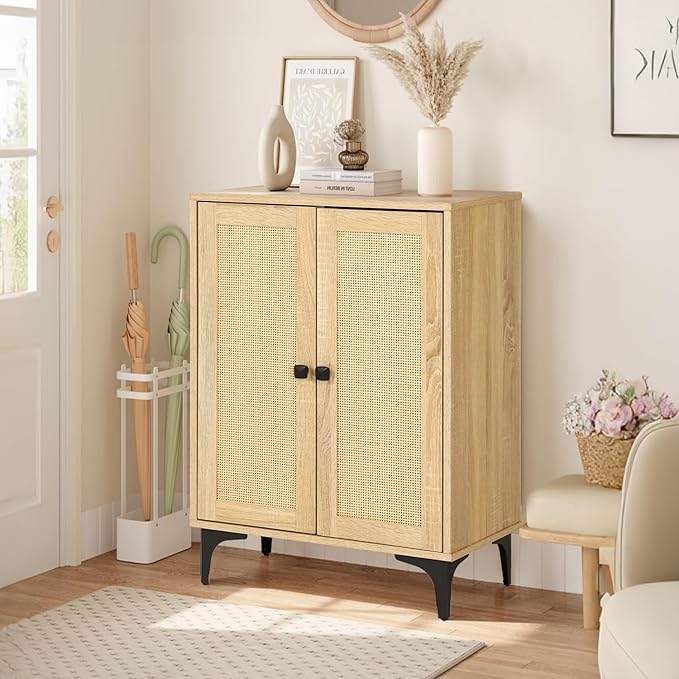 Rattan 4-Door Buffet Sideboard Storage Cabinet - Boho Kitchen Dining Console with Adjustable Shelves, Natural Rattan 48.4" W x 15" D x 33.4" H
