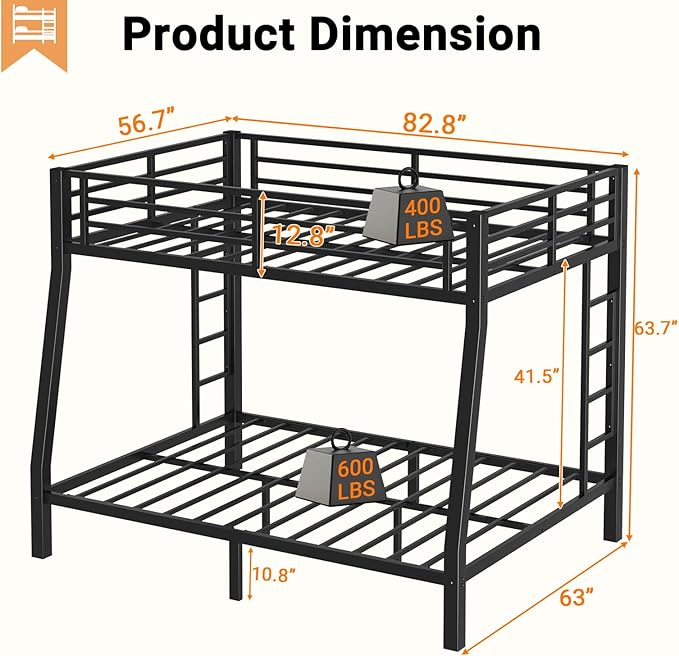 Full XL Over Queen Bunk Bed, Metal Bunk Bed Frame Heavy Duty Bunk Beds Loft Bed Frame with Ladder and Guardrail Metal Slats No Box Spring Required for Adults Teens, Black