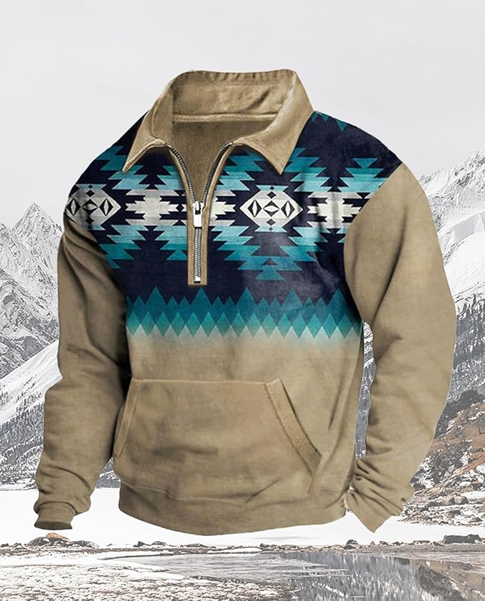 Western Sweatshirts for Men Aztec Cowboy Vintage Graphic Fleece Hoodie Mens Quarter Zip Pullover Country Jacket