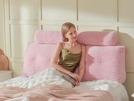 Headboard Wedge Pillow + A Long Neck Roll Pillow Body Pillow，Large Headboard Pillow with Removable Cover (Pink, Queen：59x8x20 inches)