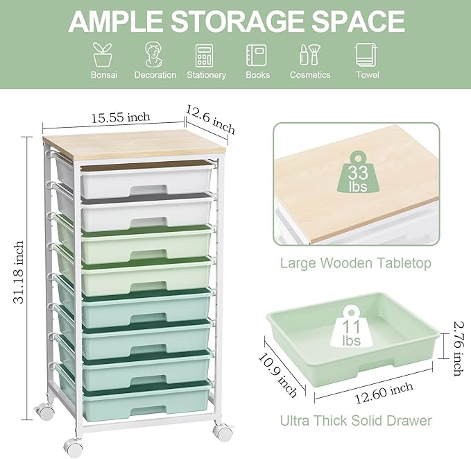 Rolling Storage Utility Cart Organizers with 8 Drawers and Wooden Tabletop for Living Room,Office,Classroom,Craft Room,Bedroom,Dorm,Green