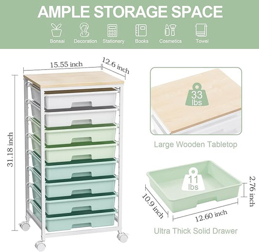 Rolling Storage Utility Cart Organizers with 8 Drawers and Wooden Tabletop for Living Room,Office,Classroom,Craft Room,Bedroom,Dorm,Green