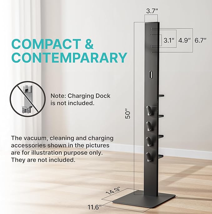 Vacuum Cleaner Stand, Compatible with Dyson Gen5 V15 V12 V11 V10 V9 V8 V7 V6, Floor Cordless Vacuums Attachment Holder with 4 Hooks and 4 Shelves, Metal Storage Bracket Organizer, Black