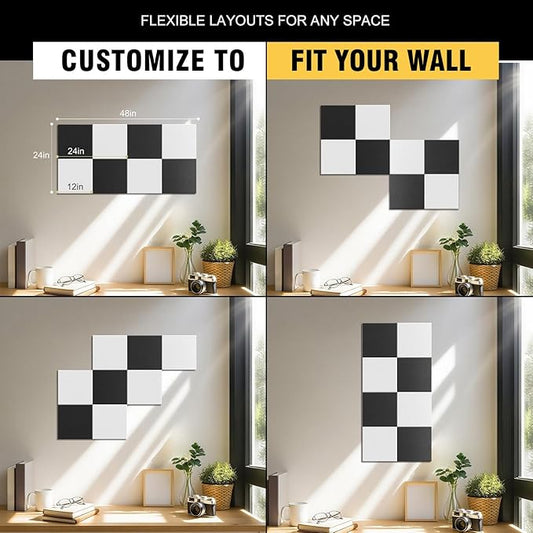 TSJOFFICE Large Cork Board for Wall - 48" x 24" Bulletin Board with 30 Pushpins for Office Decor, Pin Board 8 Pack Felt Tiles with Safe Removable Adhesive Tabs, Corkboard for Home - Black & White