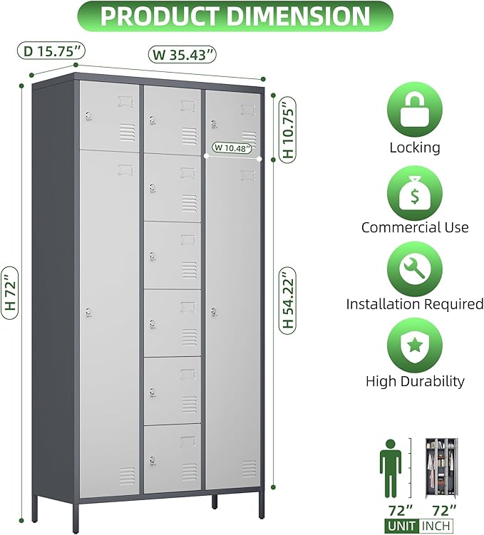 Aobabo Metal Lockable Storage Locker 8 Small Doors and 2 Big Doors, Metal Lockers for empolyees with Hooks, for School Home Office, Assembly Required, 10Doors, Grey White