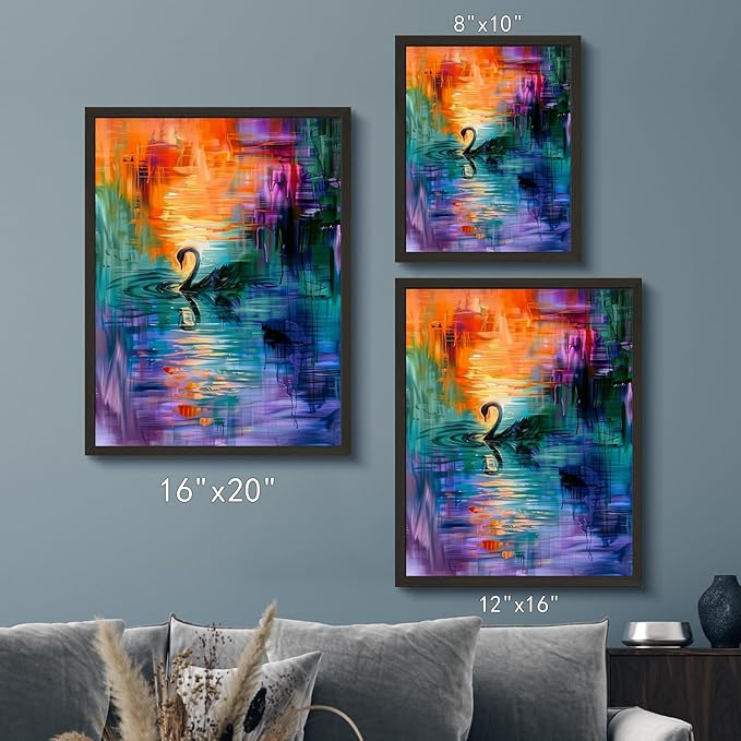 Monet Style Colorful Wall Art Prints Black Swan In The Misty Lake Poster Canvas Art Wall Decor Picture For Bedroom Dorm Office Bathroom Wall Decor Aesthetic Home Artwork 8" × 10" With Framed