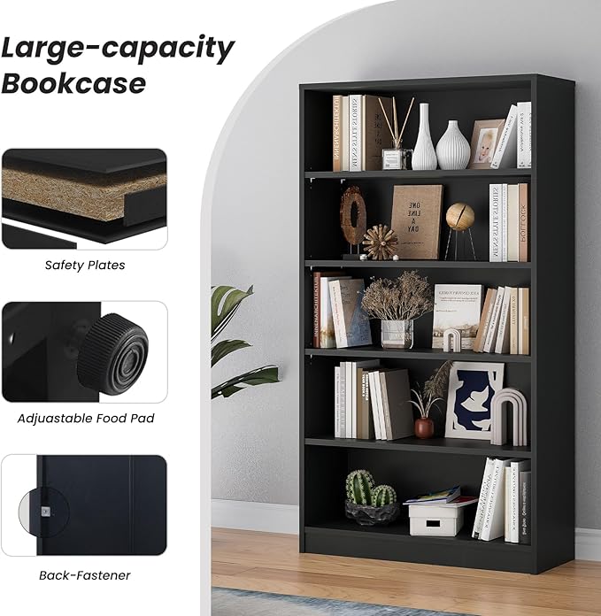 Farini 60 Inch Tall Bookcase,5 Shelf Bookshelves,Adjustable Bookshelf for Home Office,Black