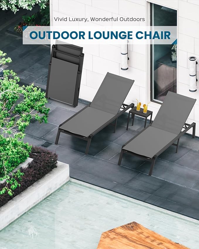 Foldable Pool Lounge Chairs, Aluminum Chaise Lounge Outdoor with 5 Positions Recliner - Free Assembly - Patio Lounge Chair for Poolside, Beach (Darkgray)