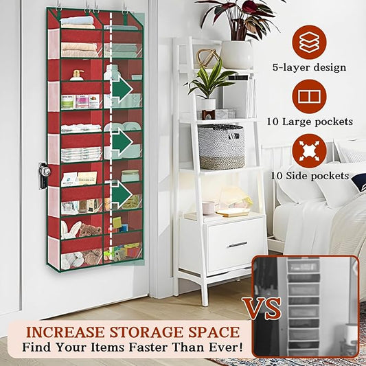 Christmas Over The Door Organizer 5 Tiers, Extra Large Behind Door Storage of 10 Compartments, 80 lbs Weight Capacity Hanging Storage Organizer with Clear Window Kids Toys, Shoes, Diapers, Red